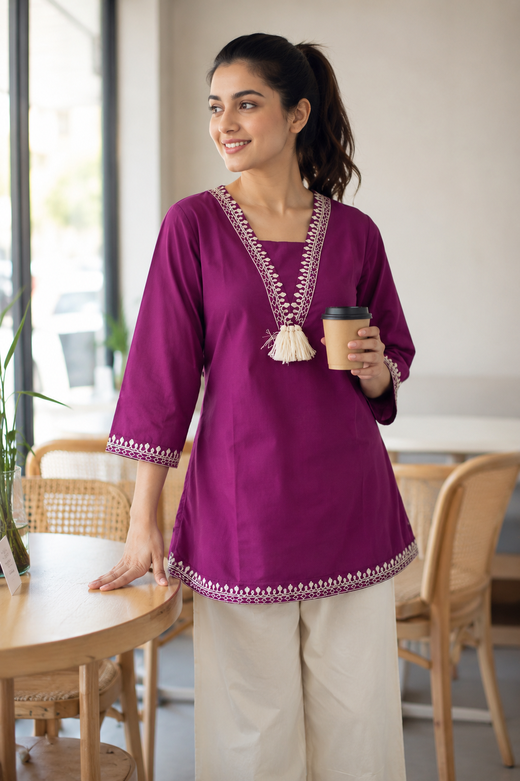 Purple Embroidered Border Kurti Set - view 2