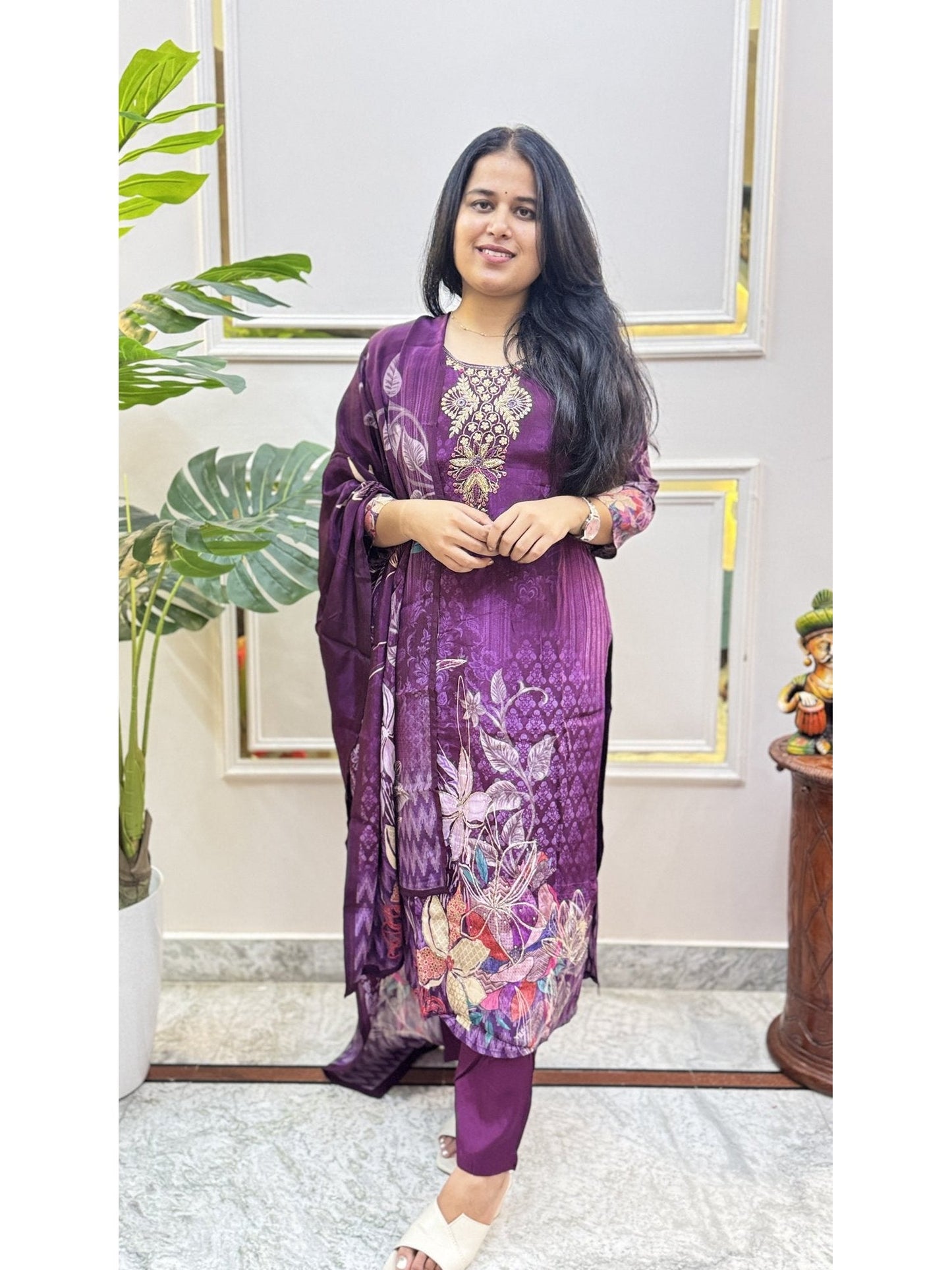 Purple Floral Print Kurta Set - Brisora, view 1 of 5