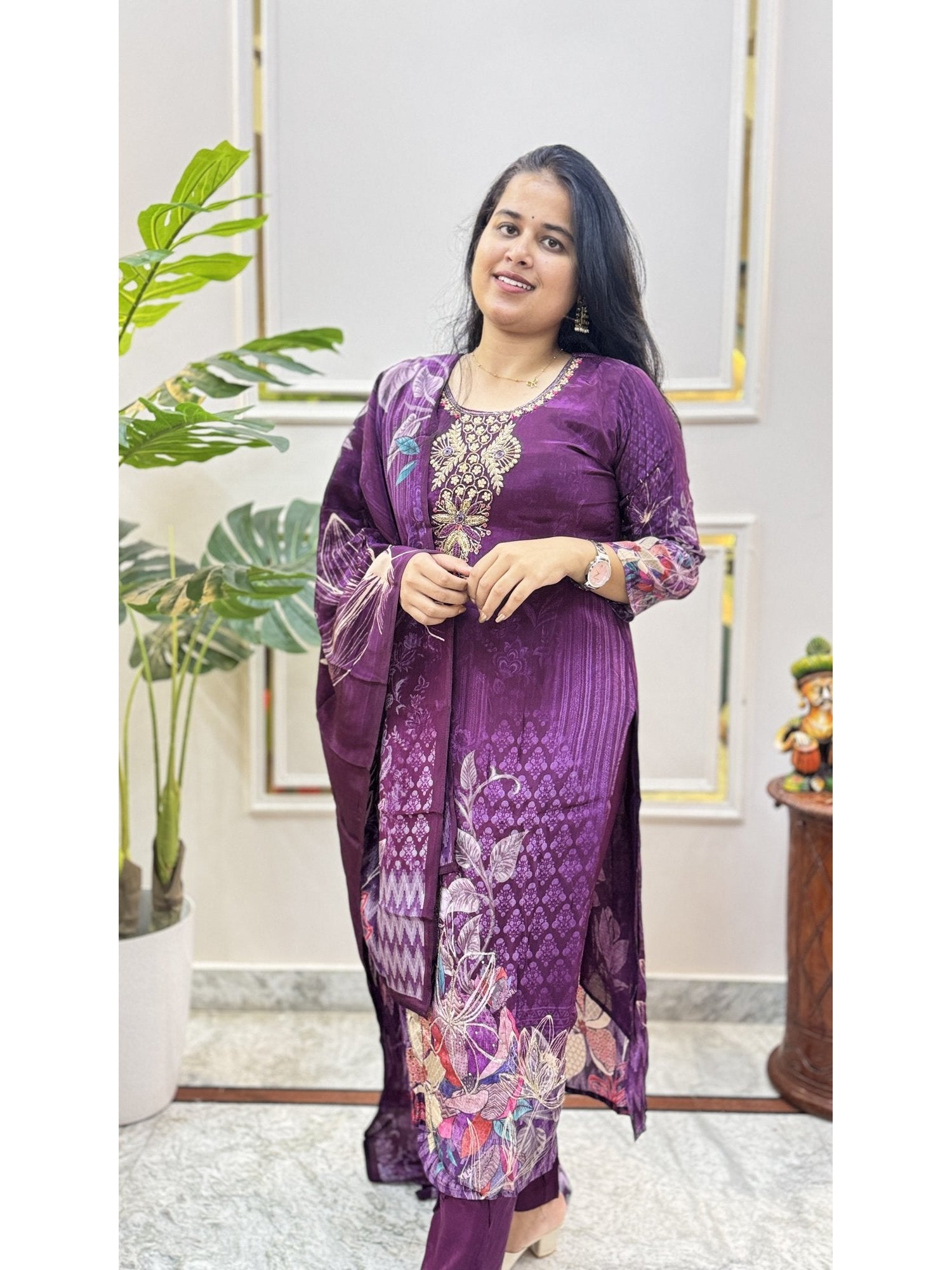 Purple Floral Print Kurta Set - Brisora, view 2 of 5