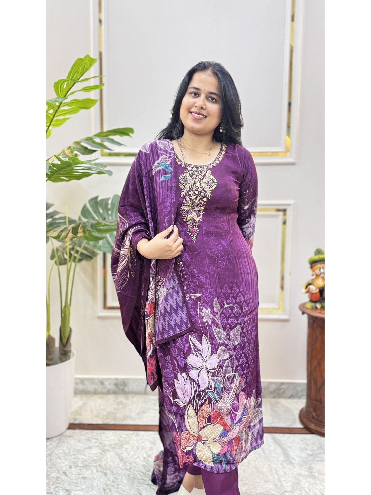 Purple Floral Print Kurta Set - Brisora, view 3 of 5
