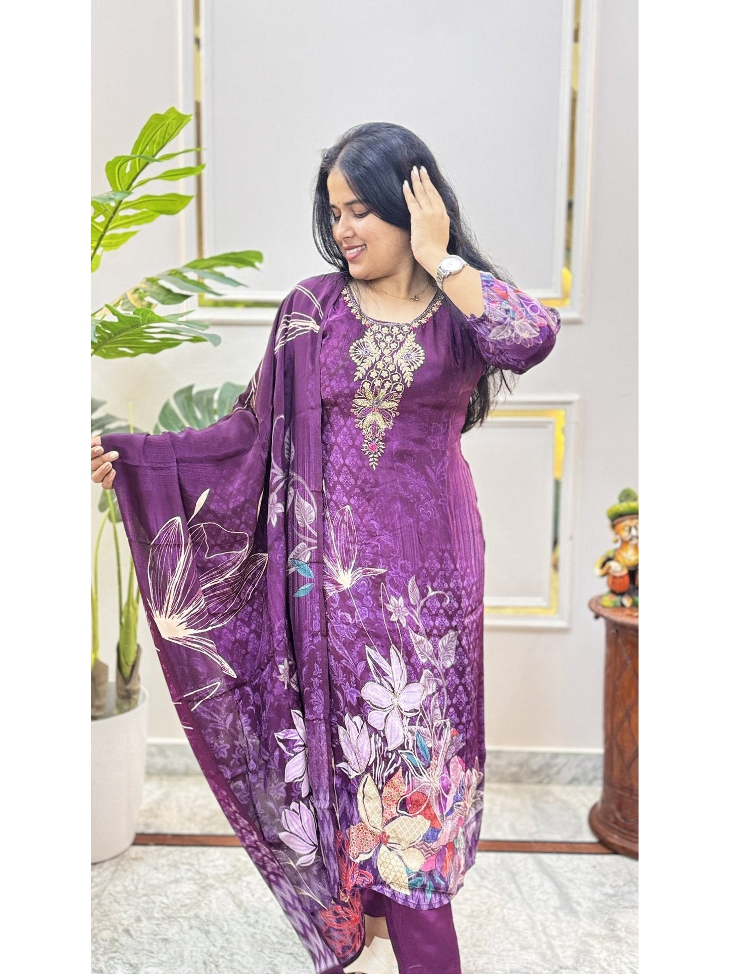 Purple Floral Print Kurta Set - Brisora, view 4 of 5