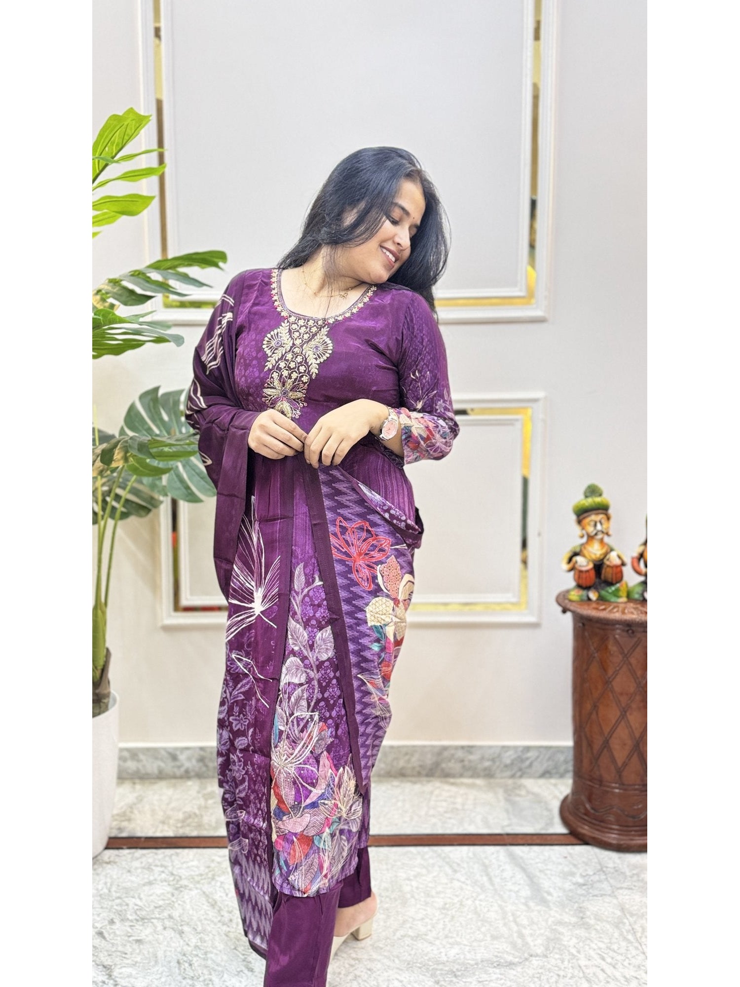 Purple Floral Print Kurta Set - Brisora, view 5 of 5