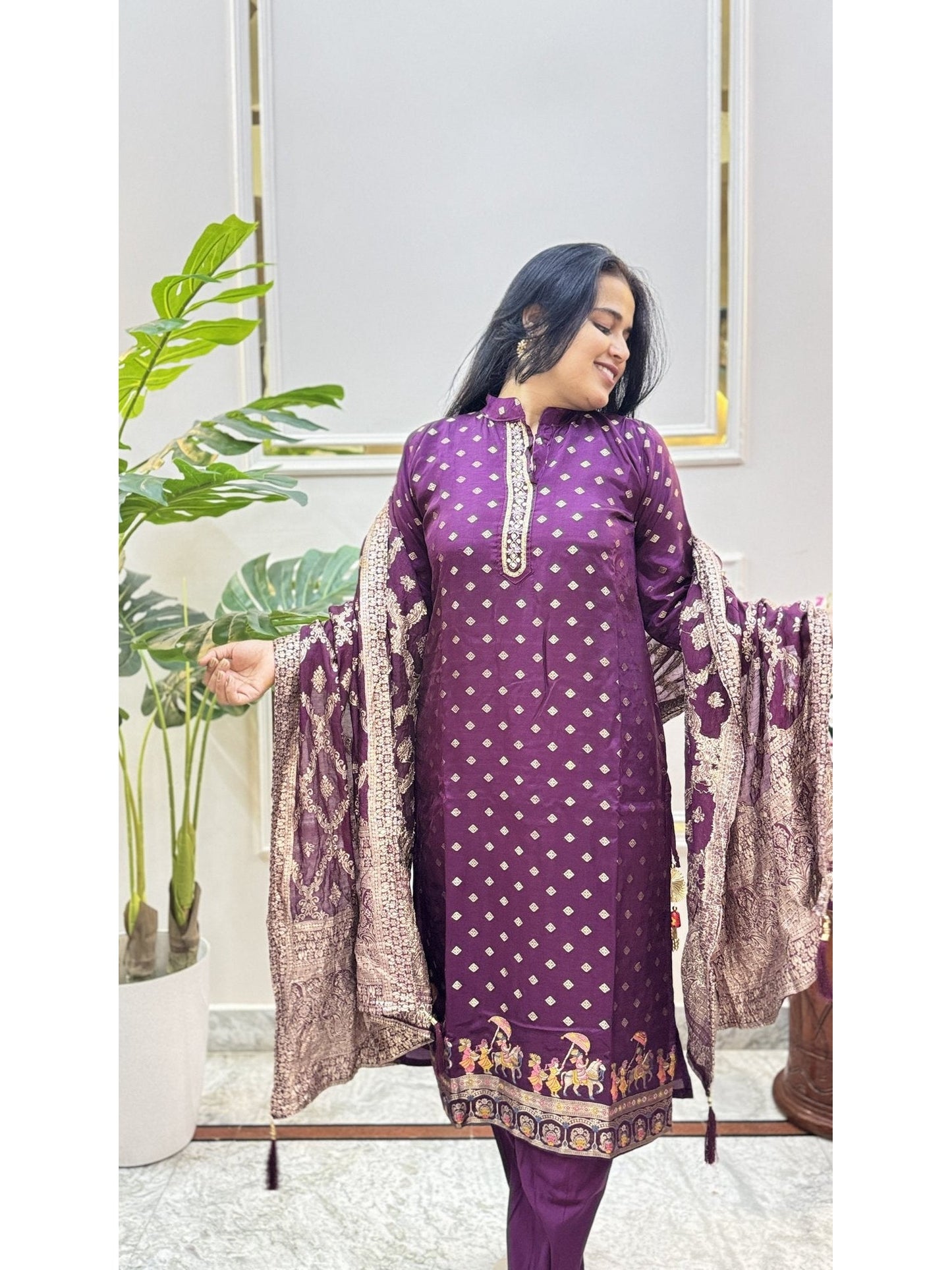 Purple Print Kurta Set with Bordered Dupatta - Brisora, view 1 of 6