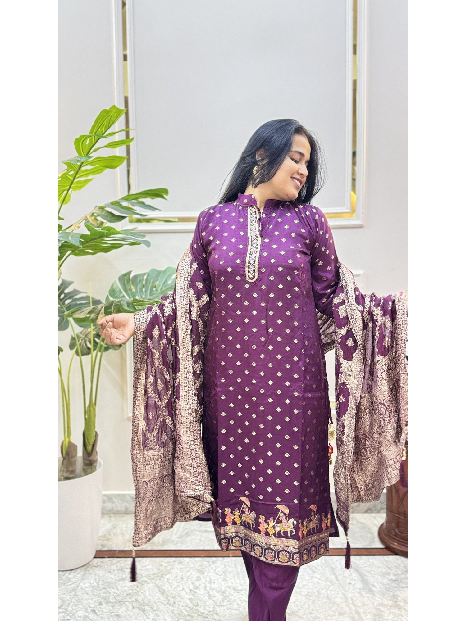Purple Print Kurta Set with Bordered Dupatta - Brisora, view 1 of 6