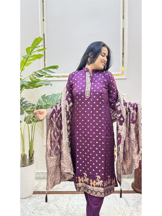 Purple Print Kurta Set with Bordered Dupatta - Brisora, view 1 of 6
