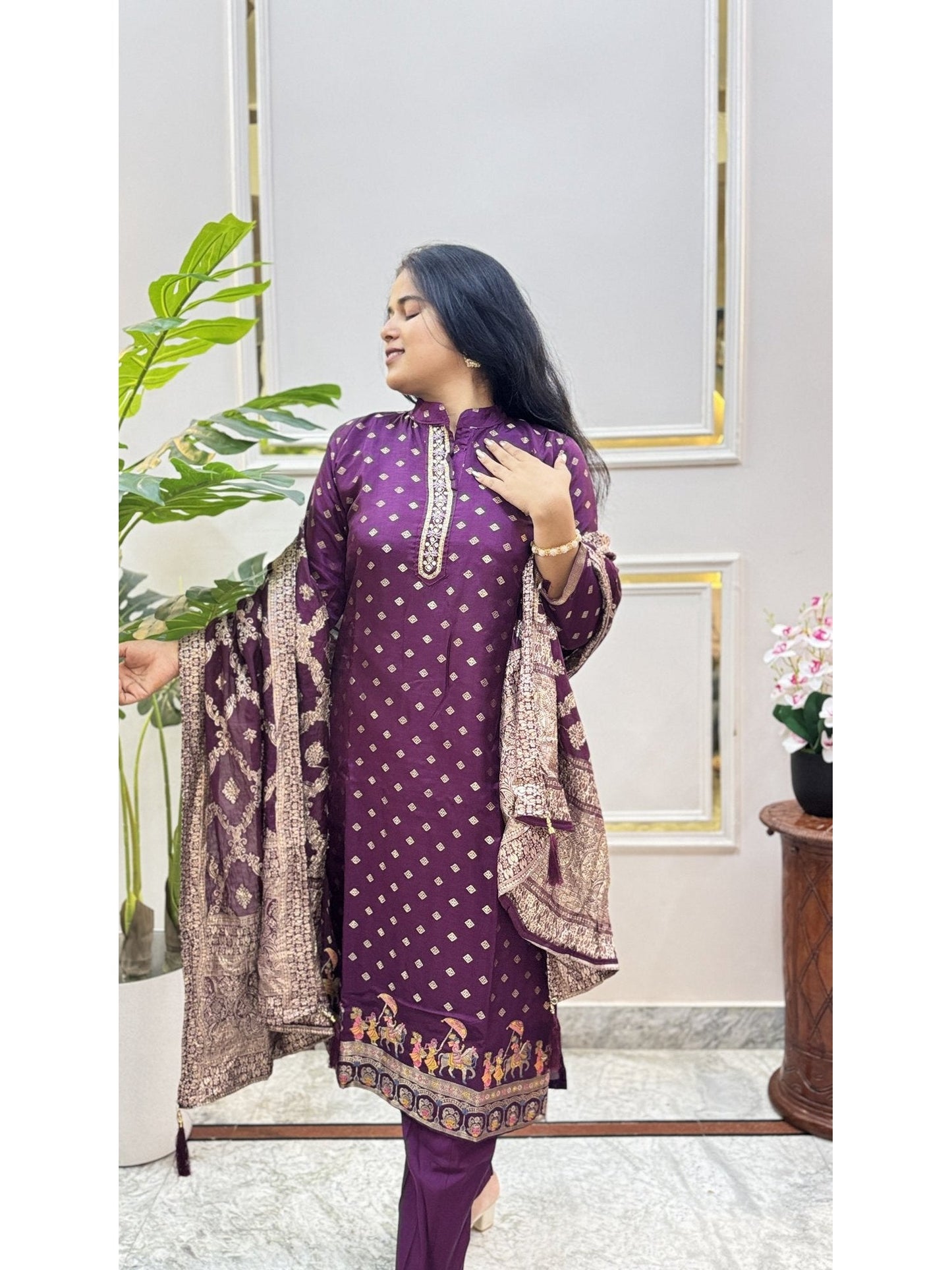 Purple Print Kurta Set with Bordered Dupatta - Brisora, view 2 of 6