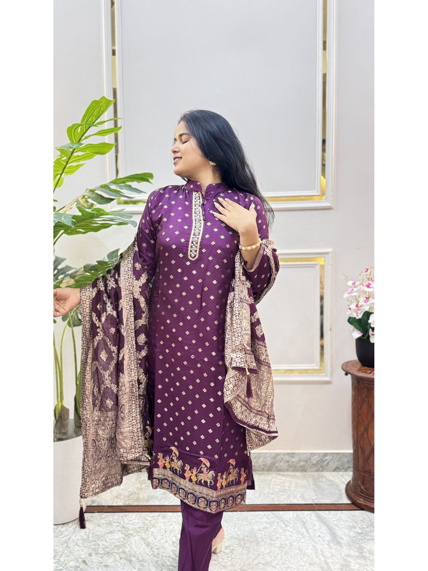 Purple Print Kurta Set with Bordered Dupatta - Brisora, view 2 of 6