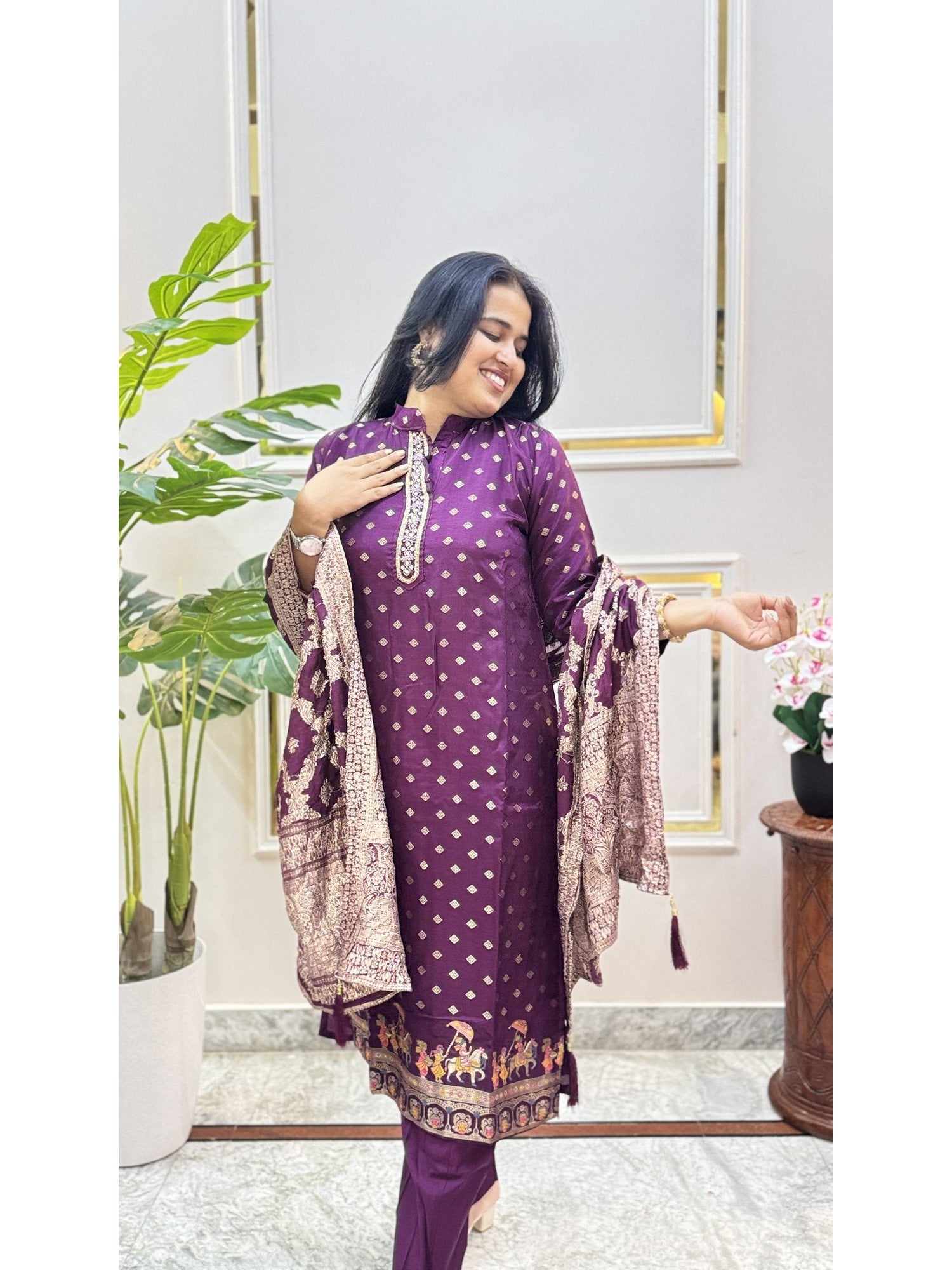 Purple Print Kurta Set with Bordered Dupatta - Brisora, view 3 of 6