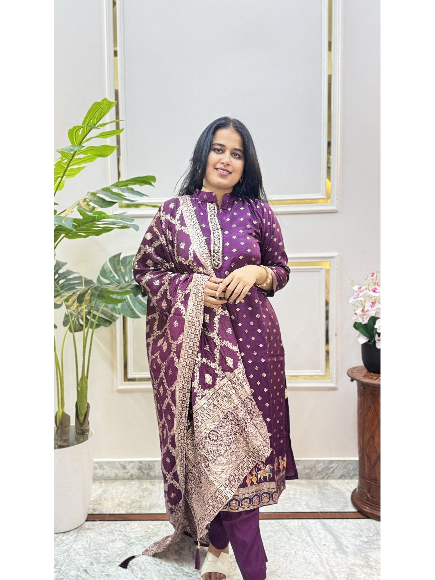 Purple Print Kurta Set with Bordered Dupatta - Brisora, view 4 of 6