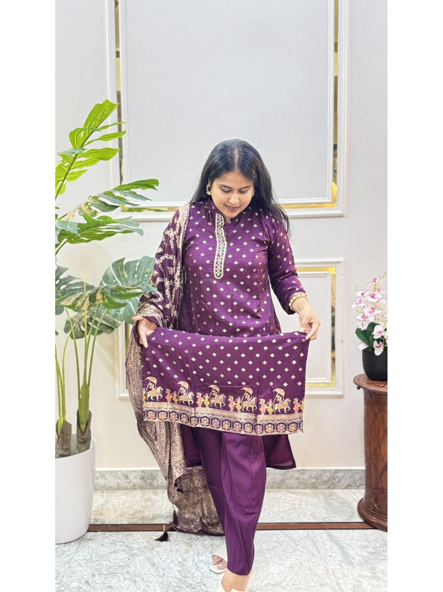 Purple Print Kurta Set with Bordered Dupatta - Brisora, view 5 of 6