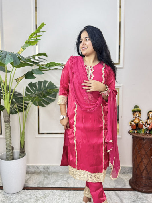 Rani Pink Embroidered Kurta Set - Brisora, view 1 of 7