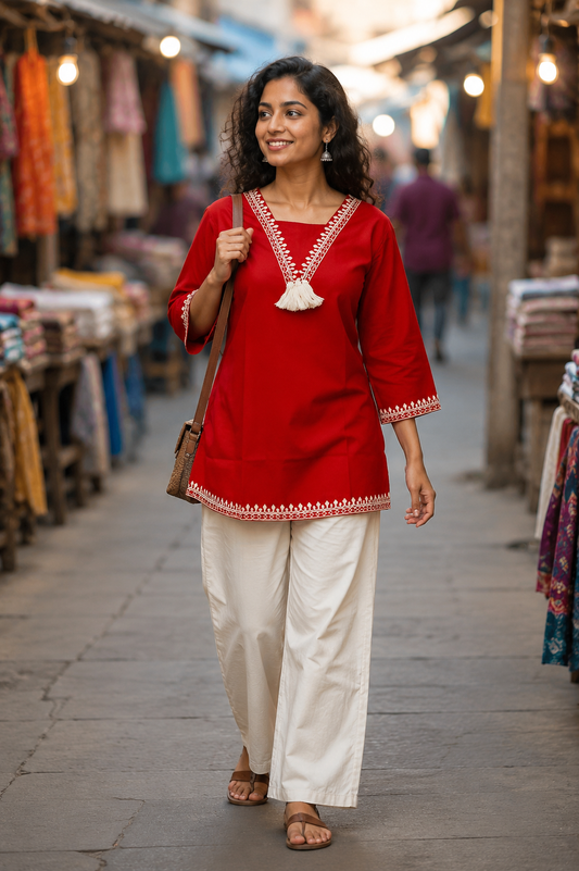 Red Embroidered Border Kurti Set - view 1