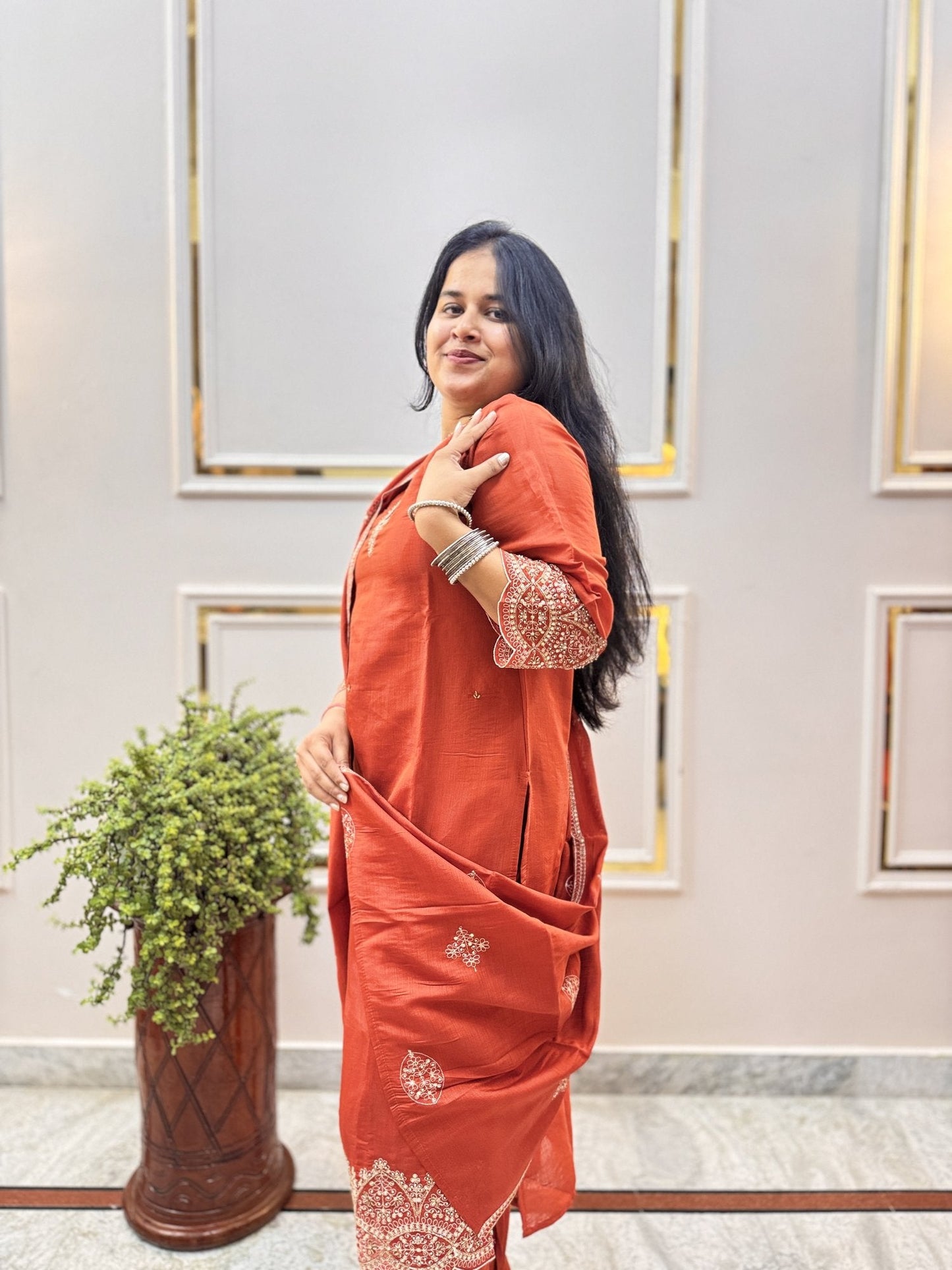Rust Orange Embroidered Kurta Set with Cutwork Hem - Brisora, view 1 of 9