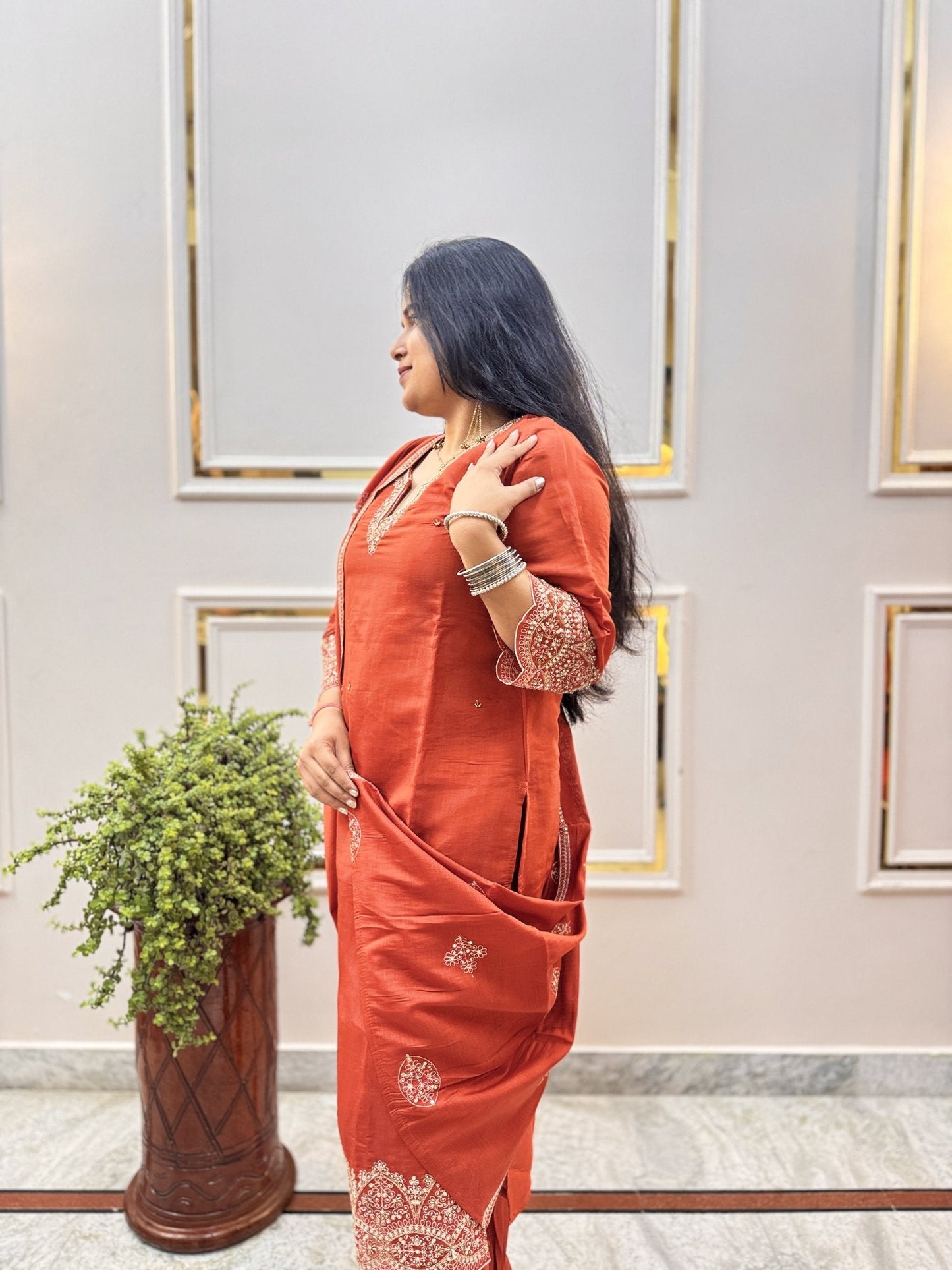 Rust Orange Embroidered Kurta Set with Cutwork Hem - Brisora, view 2 of 9