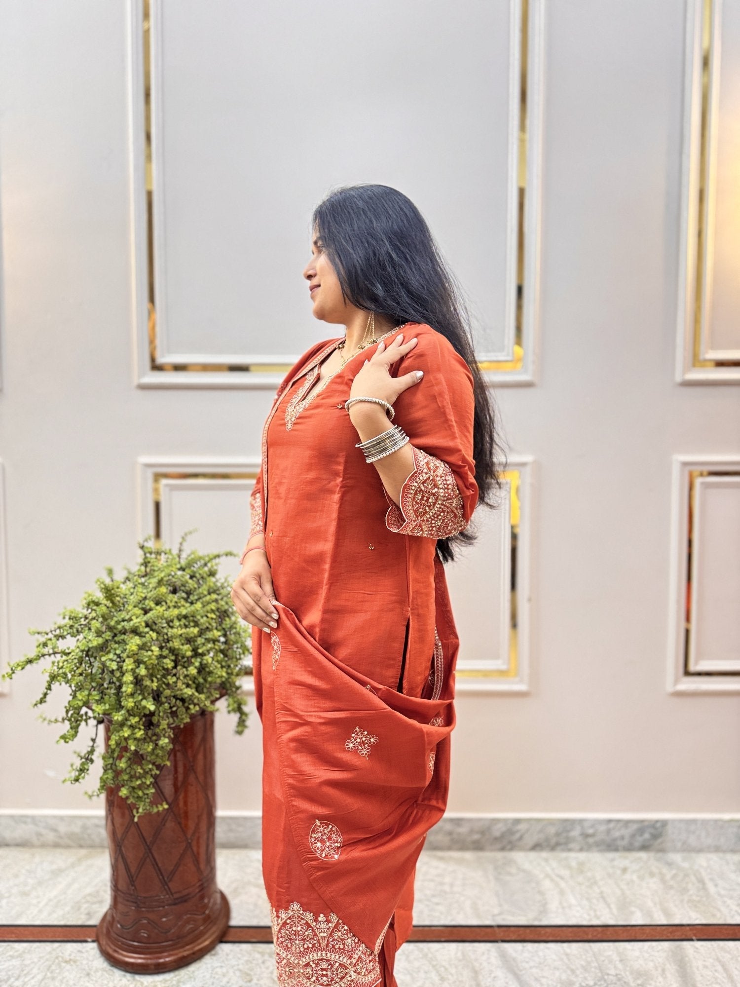 Rust Orange Embroidered Kurta Set with Cutwork Hem - Brisora, view 2 of 9