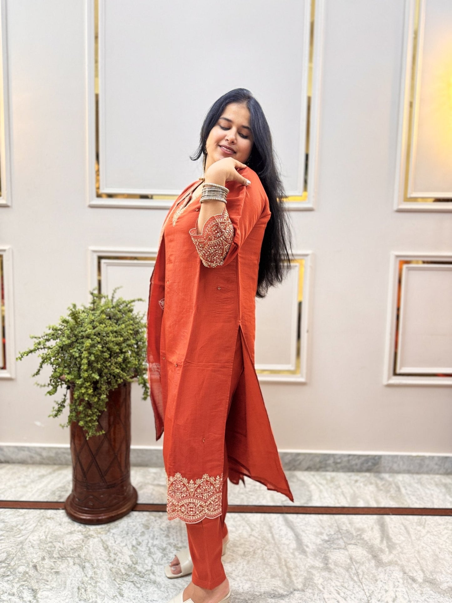 Rust Orange Embroidered Kurta Set with Cutwork Hem - Brisora, view 3 of 9