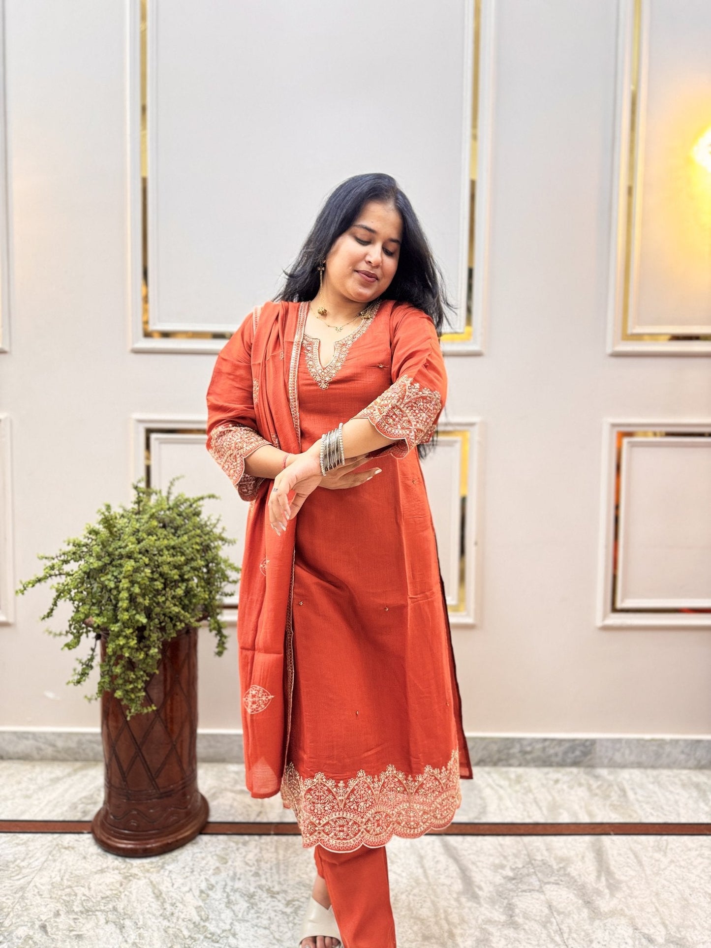 Rust Orange Embroidered Kurta Set with Cutwork Hem - Brisora, view 4 of 9