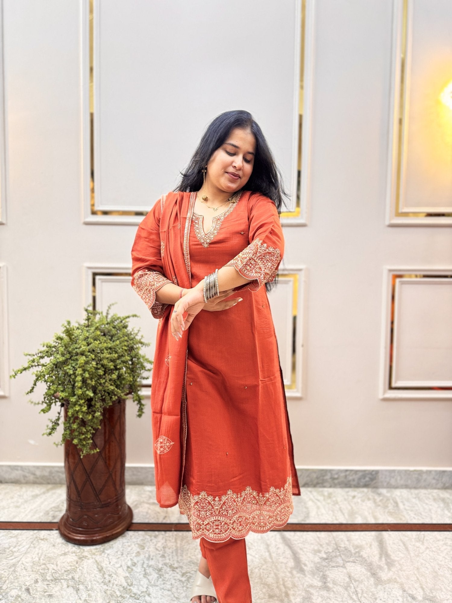 Rust Orange Embroidered Kurta Set with Cutwork Hem - Brisora, view 4 of 9