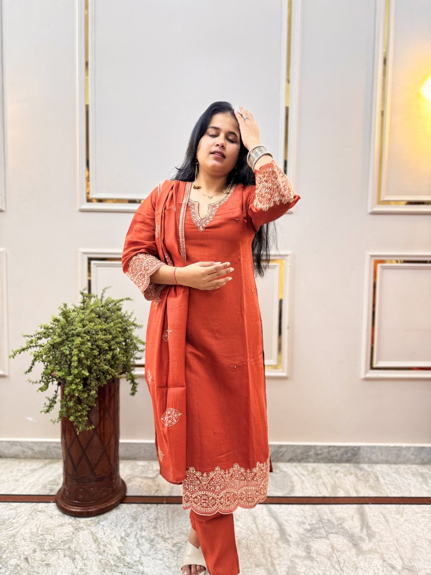 Rust Orange Embroidered Kurta Set with Cutwork Hem - Brisora, view 5 of 9
