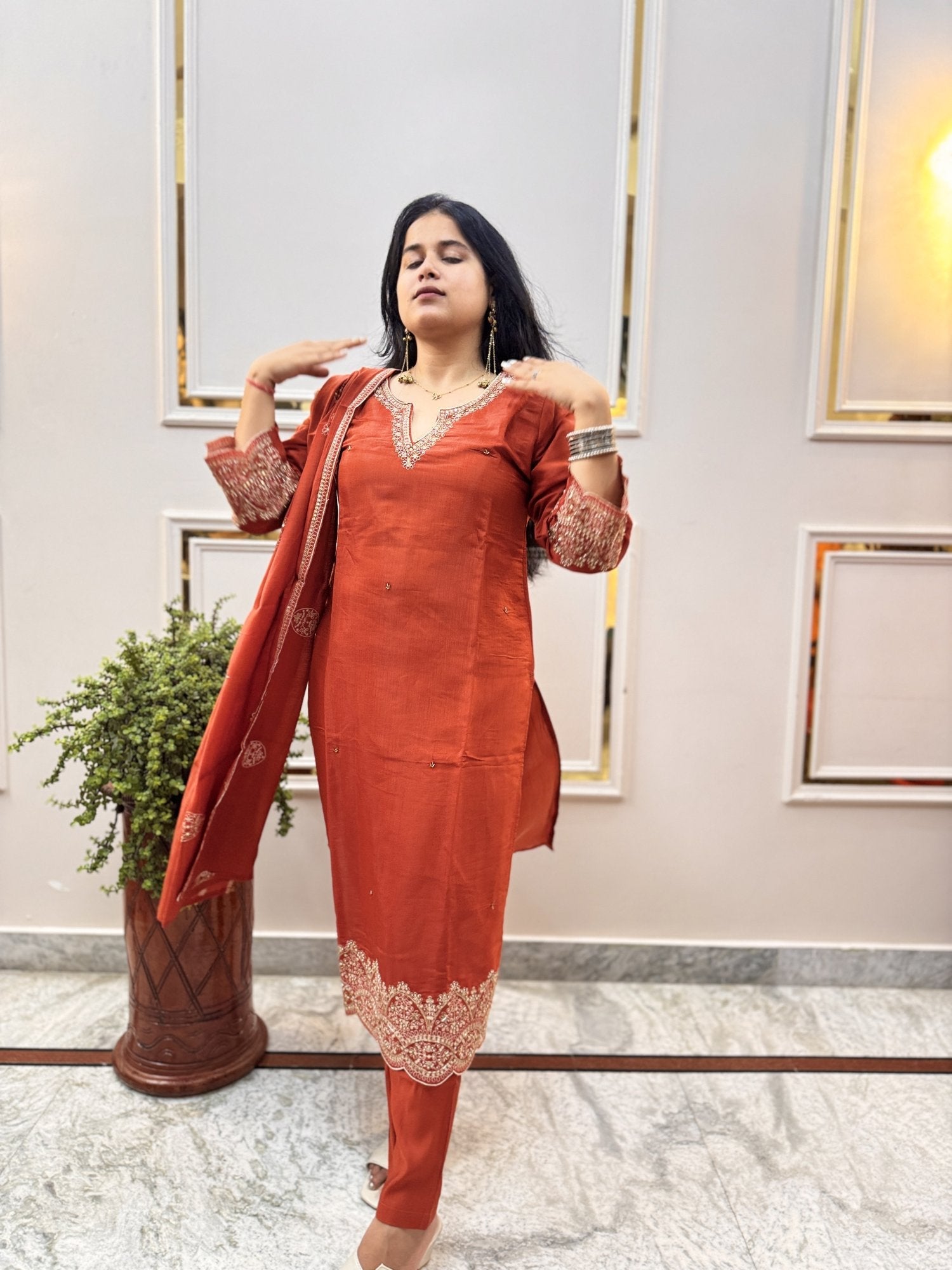 Rust Orange Embroidered Kurta Set with Cutwork Hem - Brisora, view 6 of 9