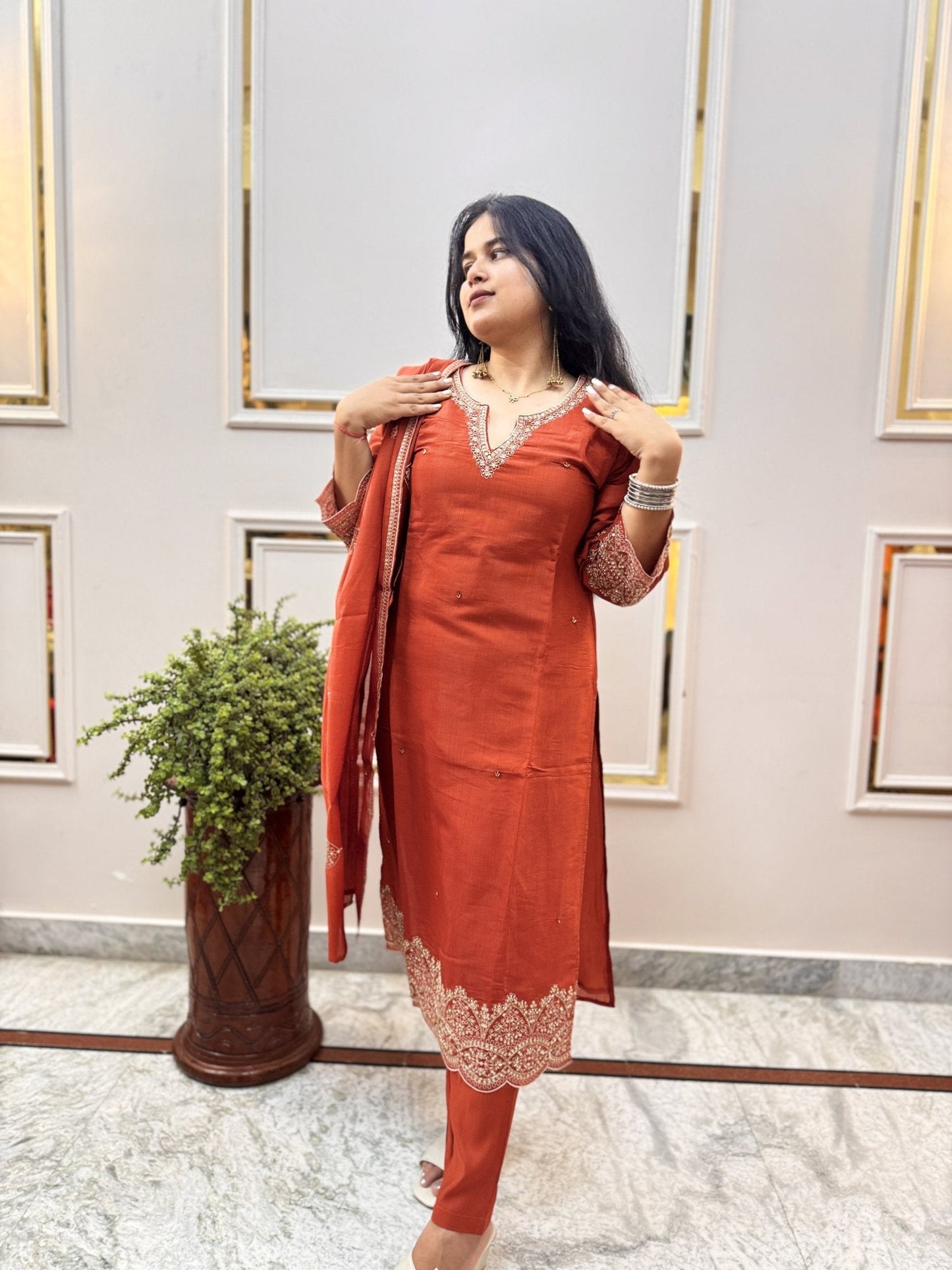 Rust Orange Embroidered Kurta Set with Cutwork Hem - Brisora, view 7 of 9
