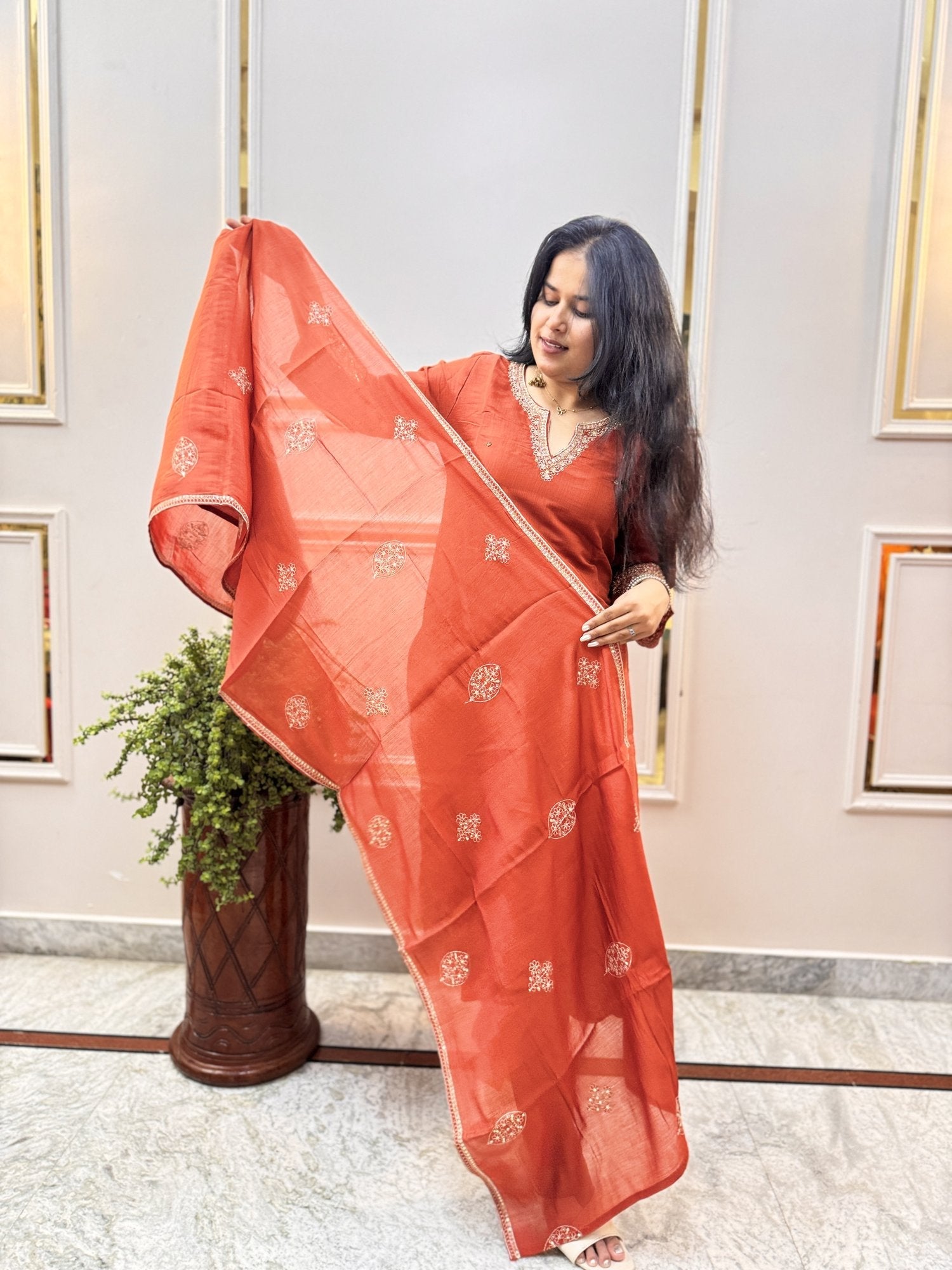 Rust Orange Embroidered Kurta Set with Cutwork Hem - Brisora, view 8 of 9