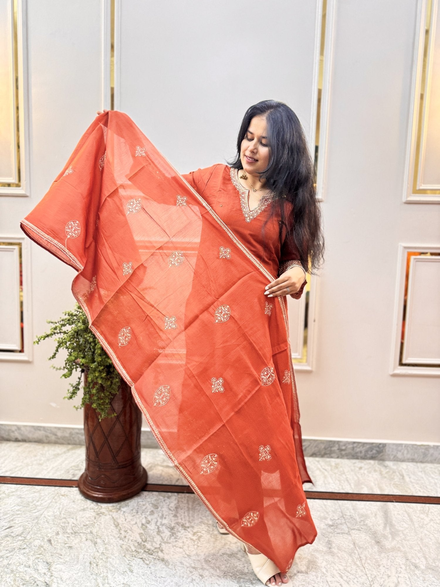 Rust Orange Embroidered Kurta Set with Cutwork Hem - Brisora, view 9 of 9