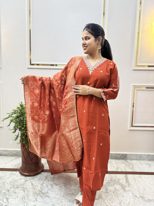 Rust Silk-Blend Kurta Set with Banarasi Dupatta - Brisora, view 1 of 10
