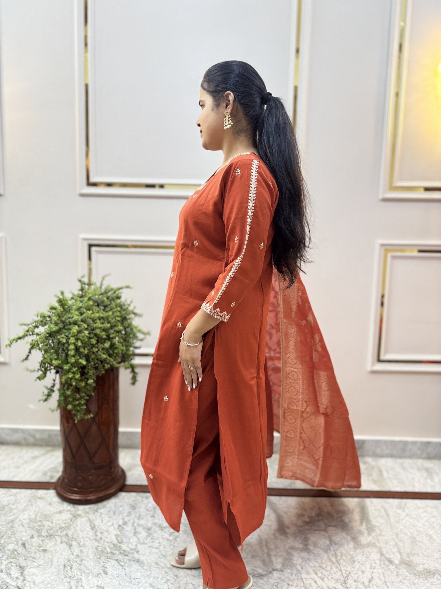 Rust Silk-Blend Kurta Set with Banarasi Dupatta - Brisora, view 2 of 10
