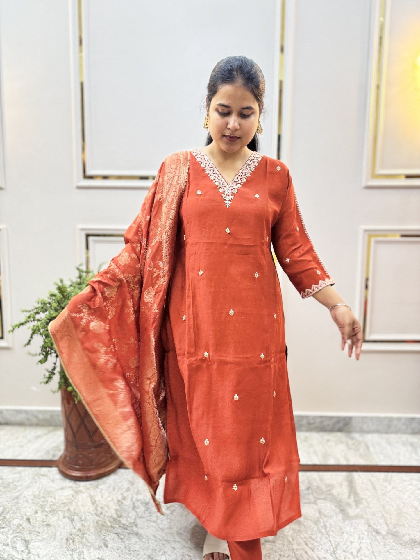 Rust Silk-Blend Kurta Set with Banarasi Dupatta - Brisora, view 3 of 10