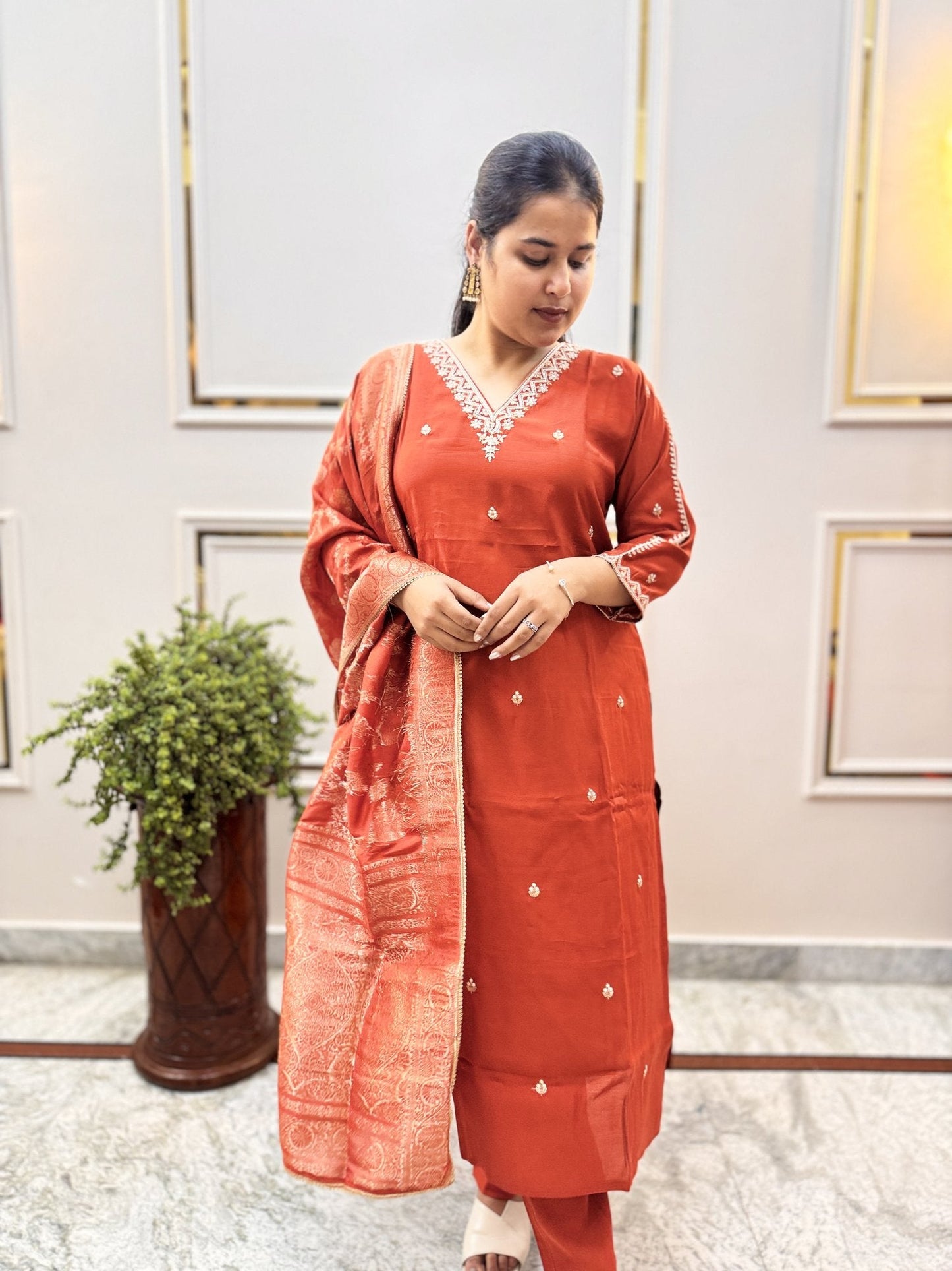 Rust Silk-Blend Kurta Set with Banarasi Dupatta - Brisora, view 4 of 10