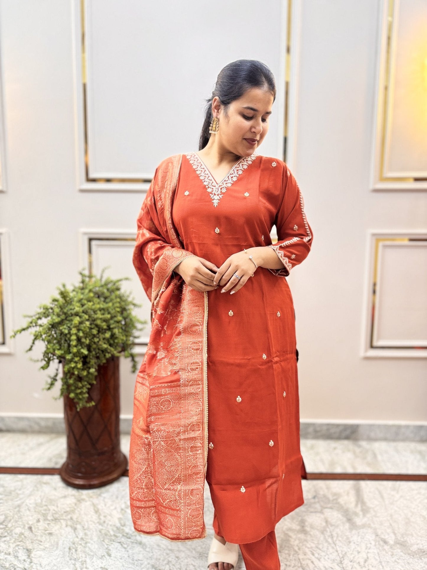 Rust Silk-Blend Kurta Set with Banarasi Dupatta - Brisora, view 5 of 10
