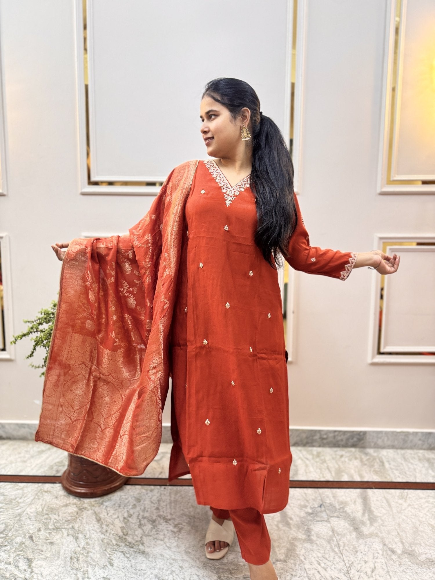 Rust Silk-Blend Kurta Set with Banarasi Dupatta - Brisora, view 6 of 10