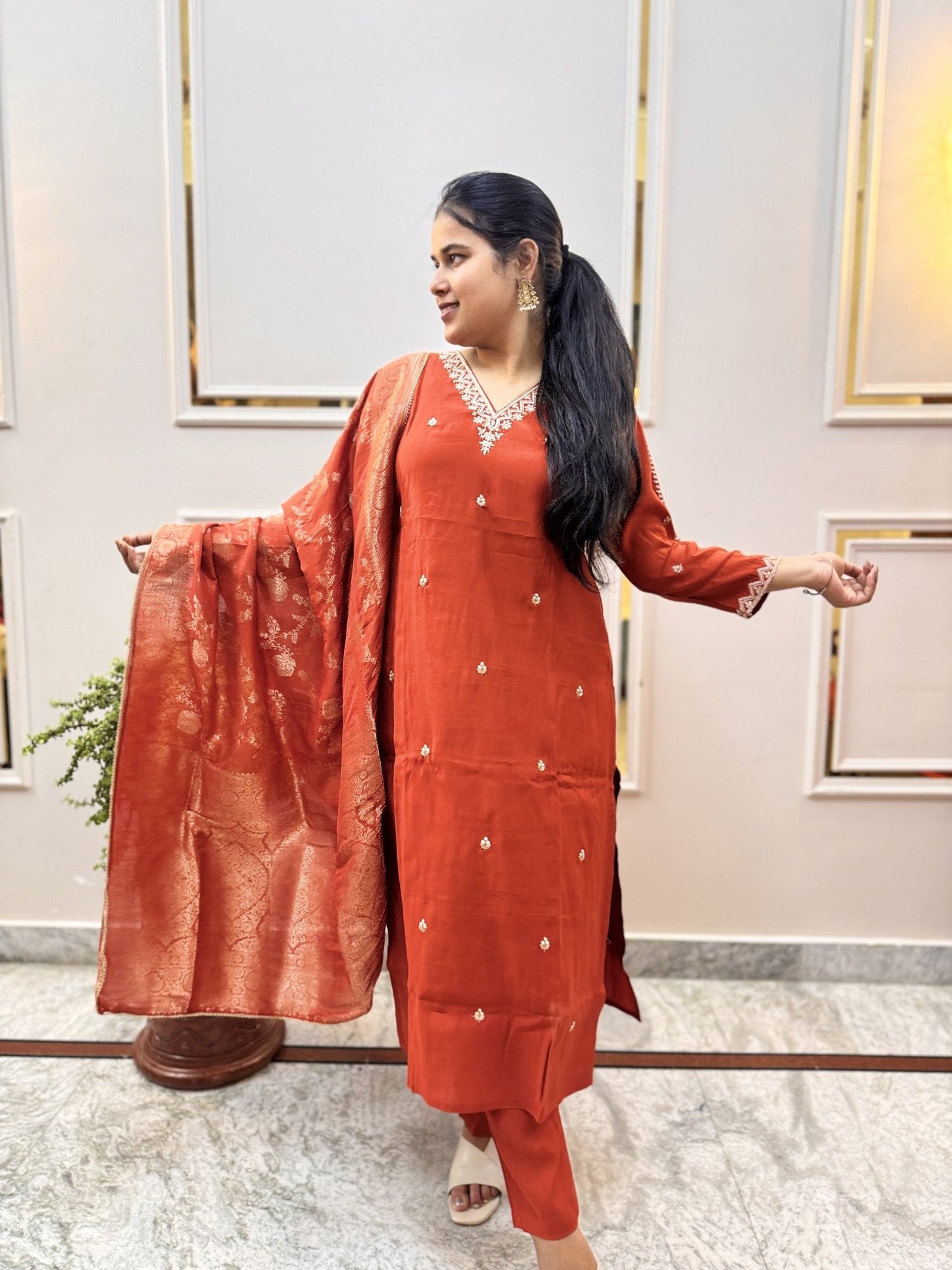 Rust Silk-Blend Kurta Set with Banarasi Dupatta - Brisora, view 7 of 10