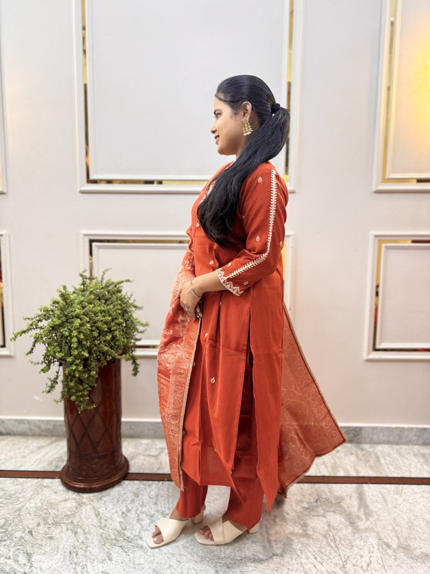 Rust Silk-Blend Kurta Set with Banarasi Dupatta - Brisora, view 8 of 10