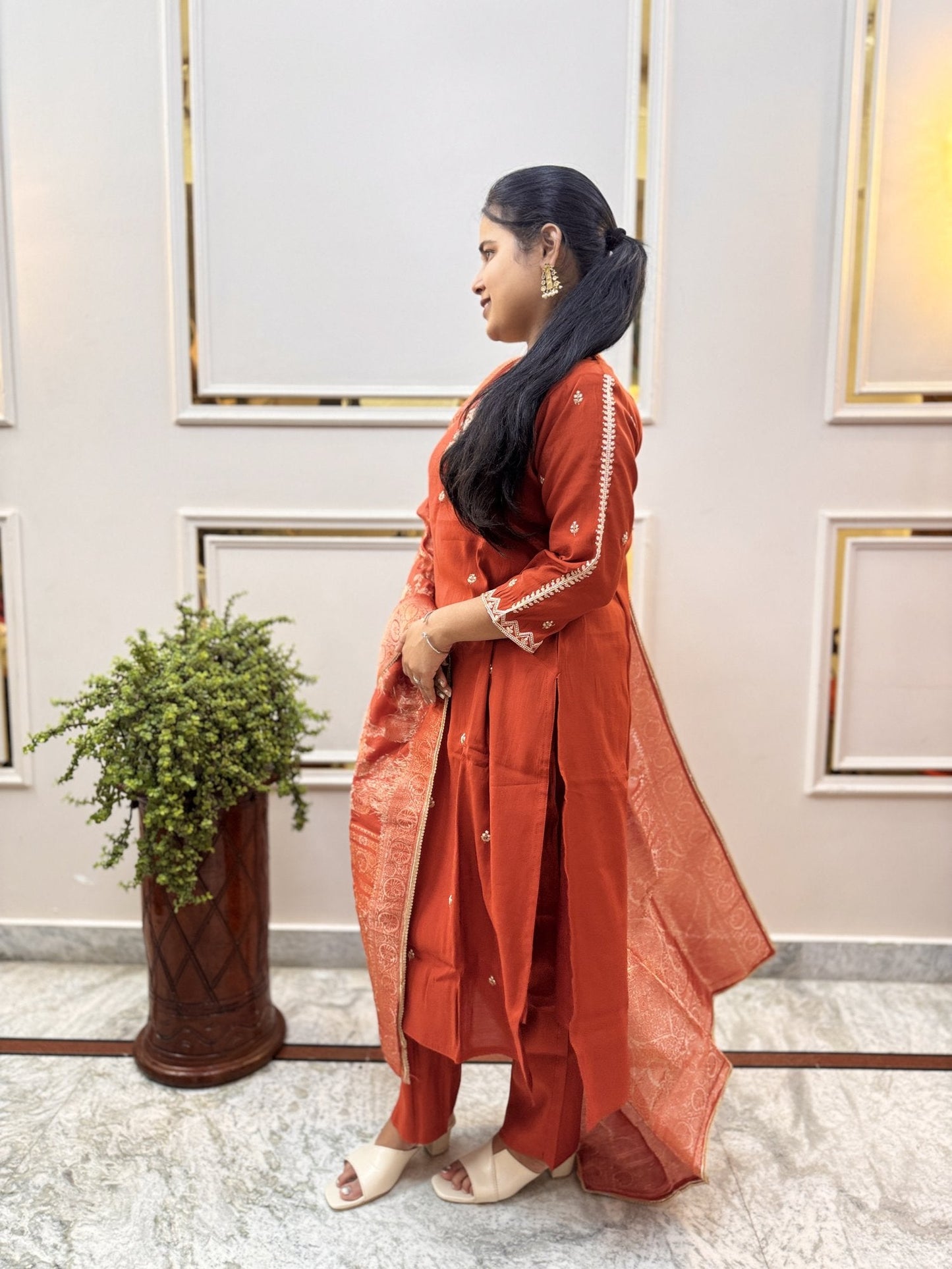 Rust Silk-Blend Kurta Set with Banarasi Dupatta - Brisora, view 9 of 10