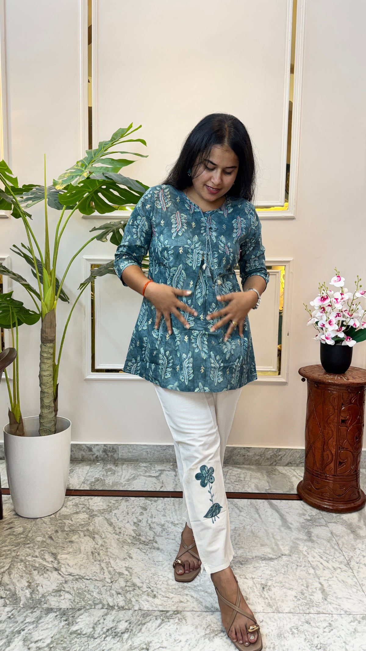 Detail of the batik style leaf print across the kurti bodice