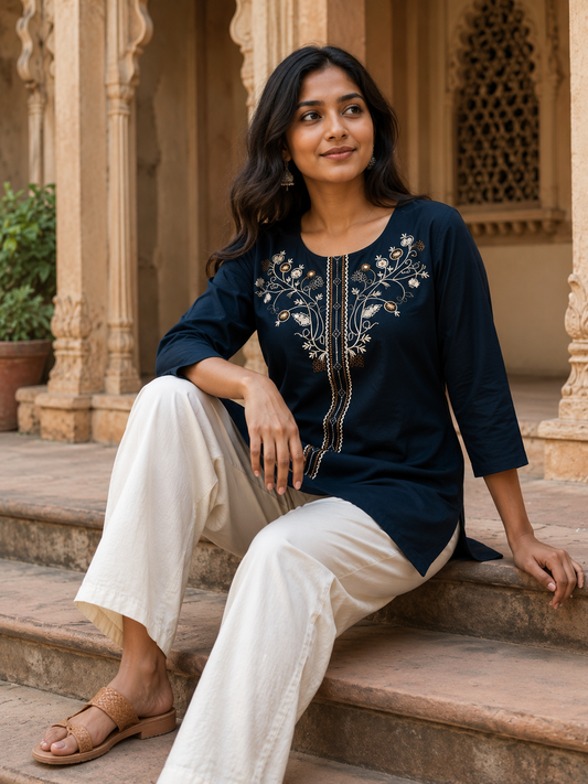 Teal Blue Floral Embroidered Kurti Set - view 1