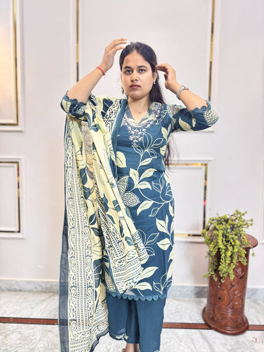 Teal Blue Floral Leaf Print Kurta Set - Brisora, view 1 of 10