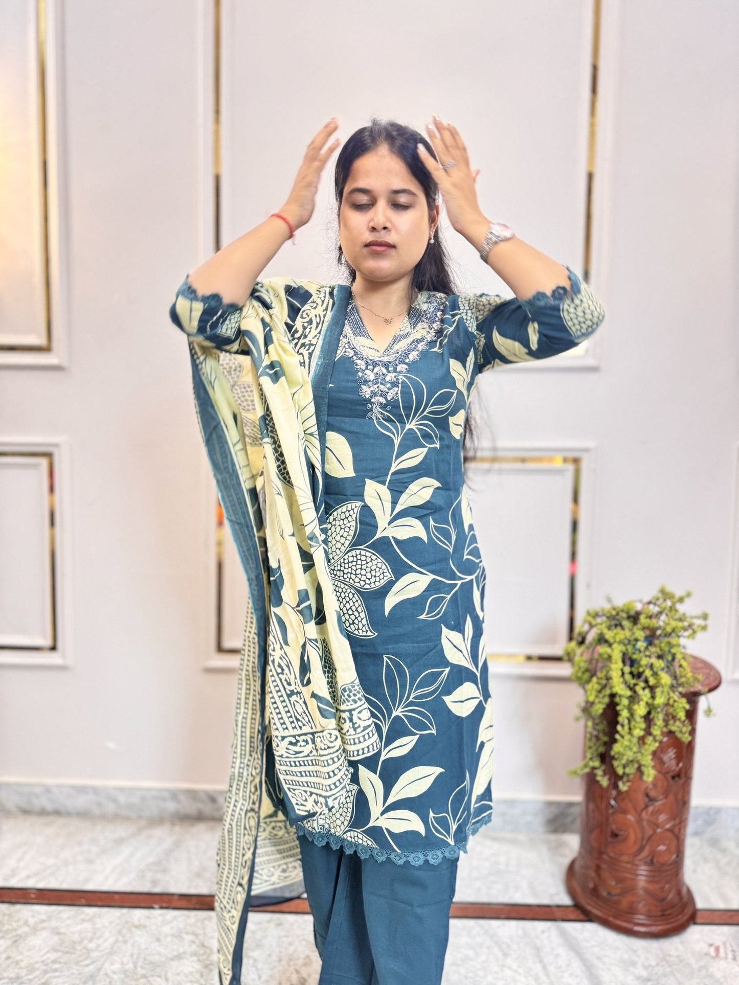 Teal Blue Floral Leaf Print Kurta Set - Brisora, view 2 of 10