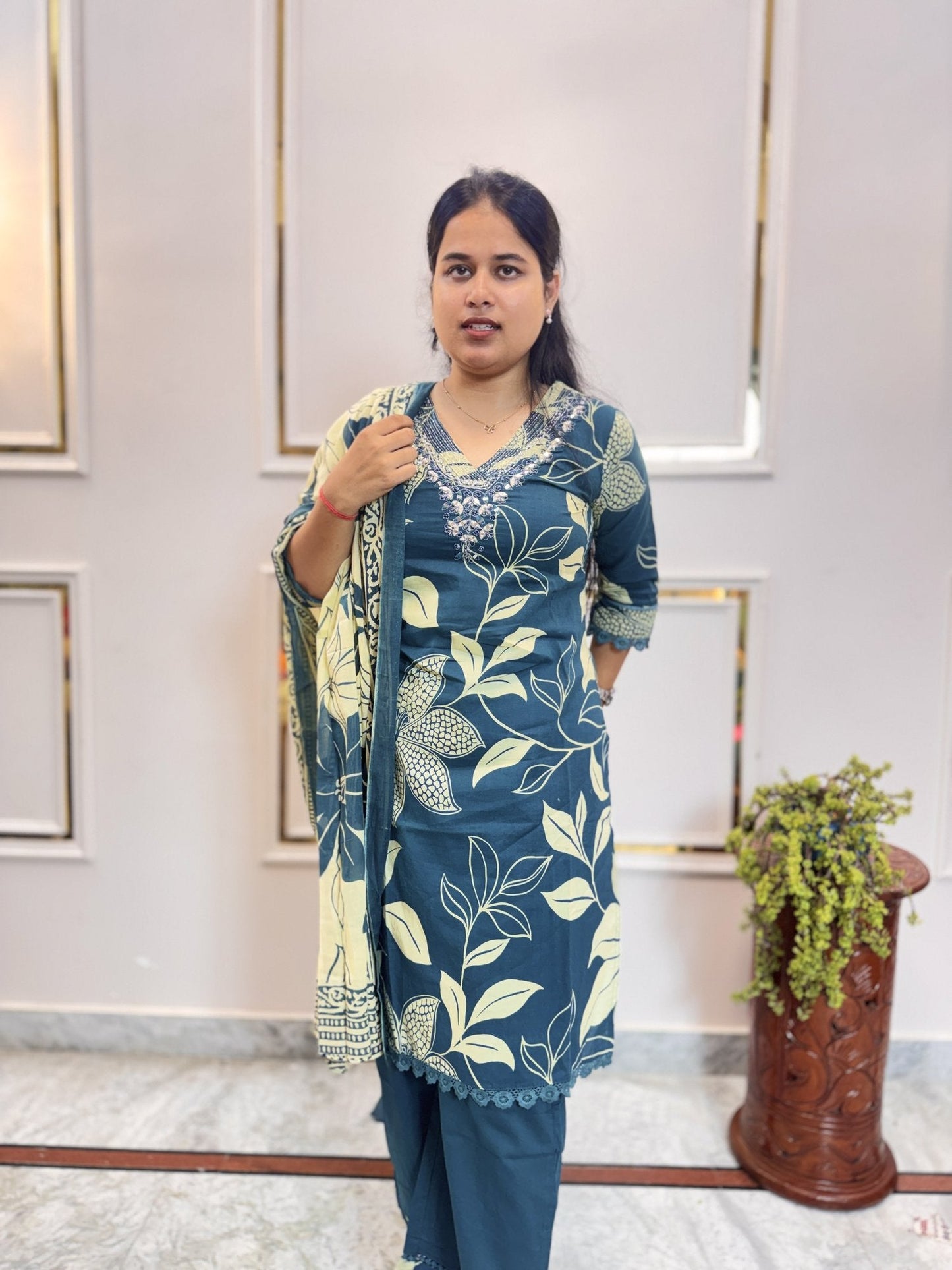 Teal Blue Floral Leaf Print Kurta Set - Brisora, view 3 of 10