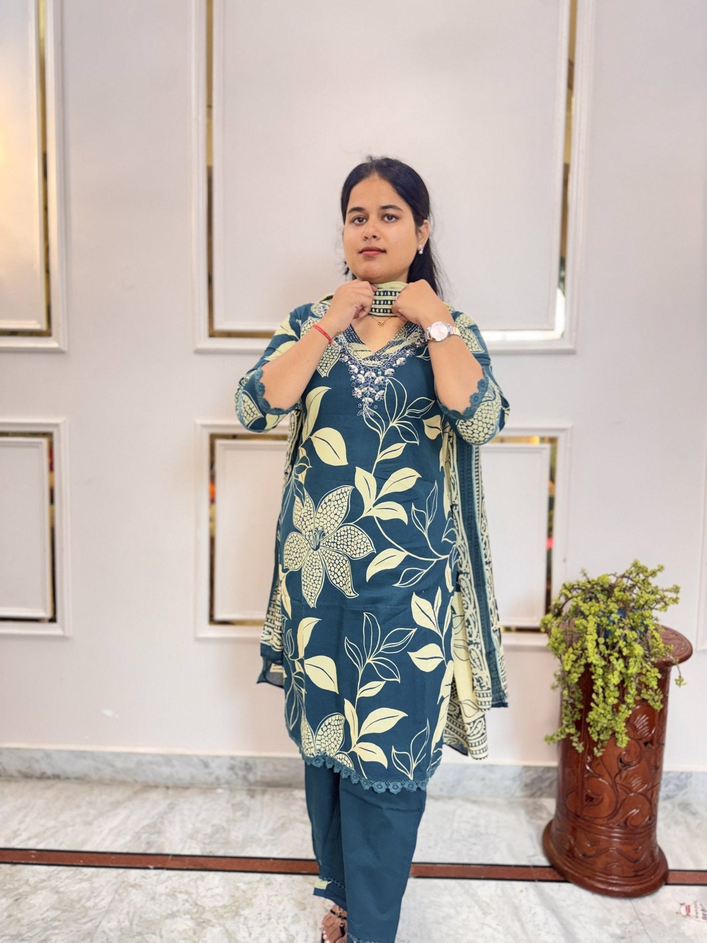 Teal Blue Floral Leaf Print Kurta Set - Brisora, view 6 of 10