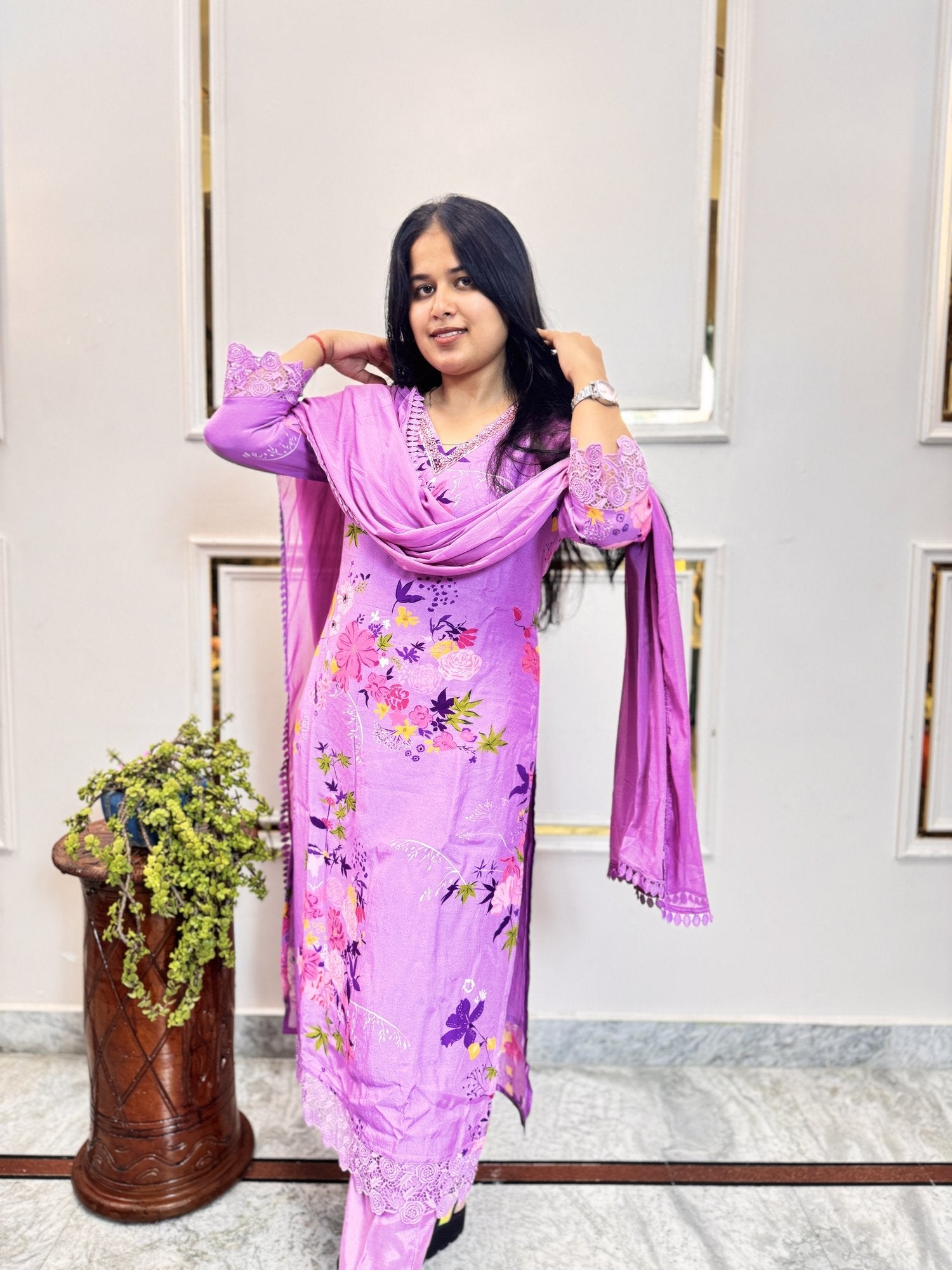 Wine Kurta Set with Bird Motif Embroidery - Brisora, view 8 of 9