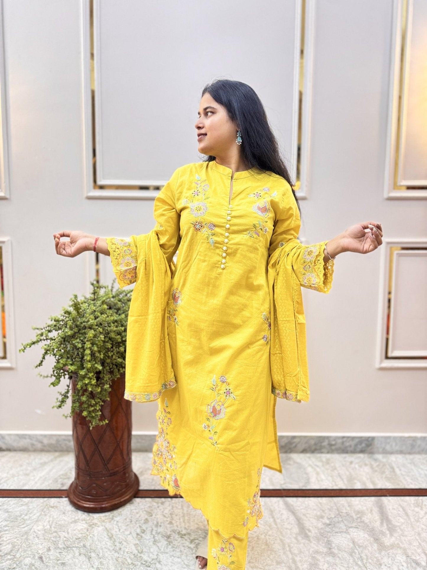 Yellow Embroidered Cotton Kurta Set with Bell Sleeves - Brisora, view 1 of 7
