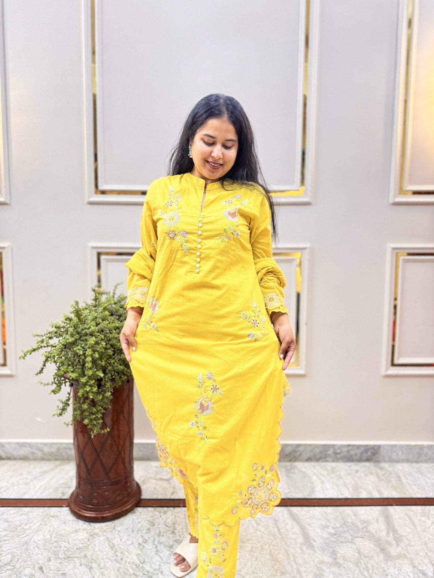 Yellow Embroidered Cotton Kurta Set with Bell Sleeves - Brisora, view 2 of 7