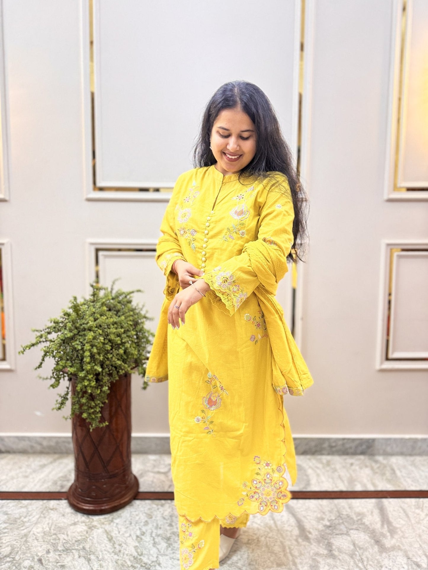 Yellow Embroidered Cotton Kurta Set with Bell Sleeves - Brisora, view 3 of 7