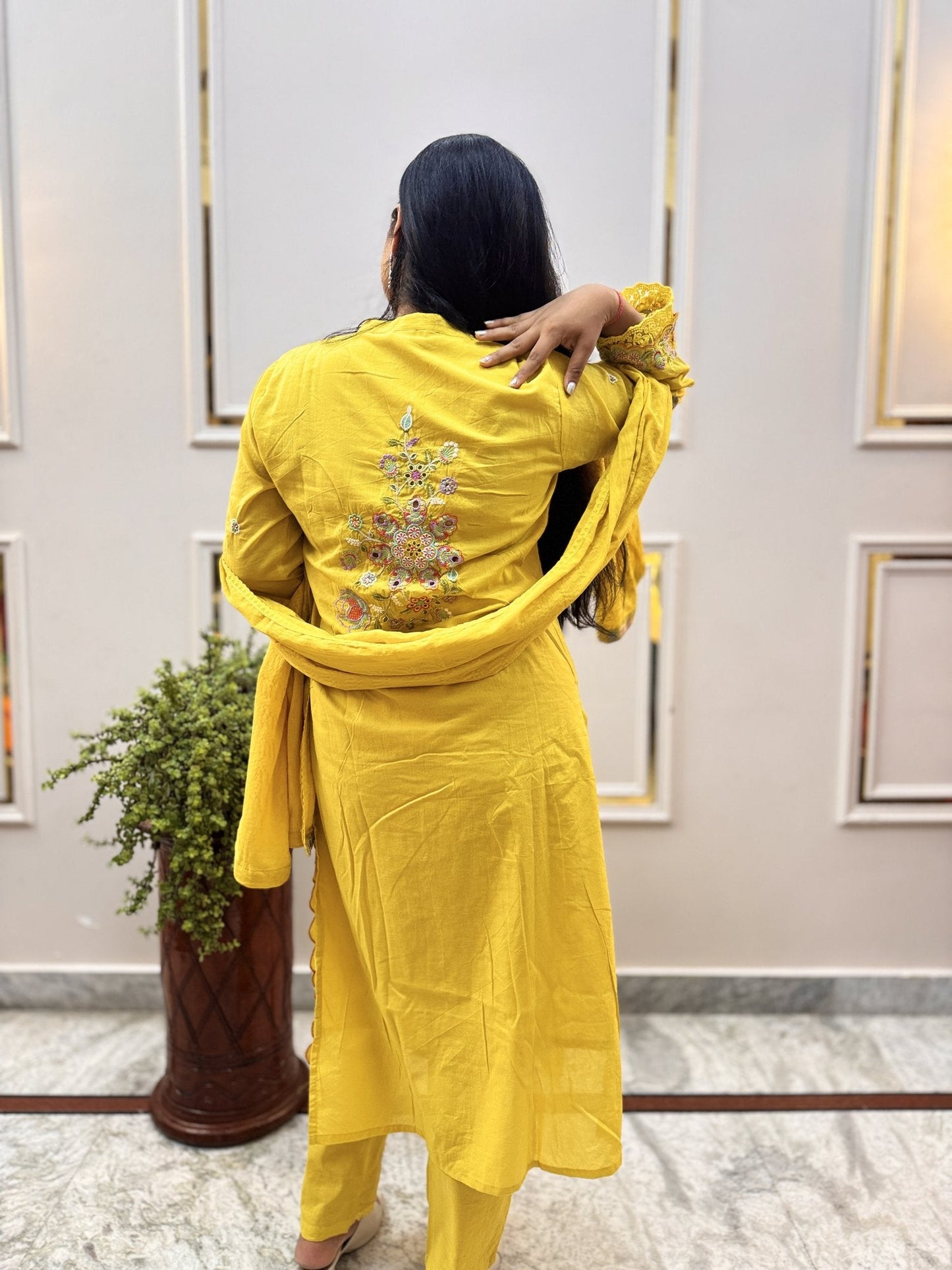 Yellow Embroidered Cotton Kurta Set with Bell Sleeves - Brisora, view 4 of 7