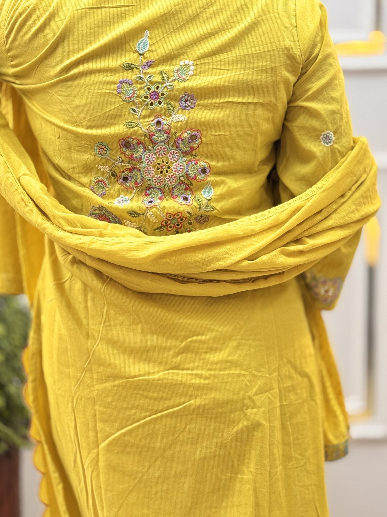 Yellow Embroidered Cotton Kurta Set with Bell Sleeves - Brisora, view 5 of 7