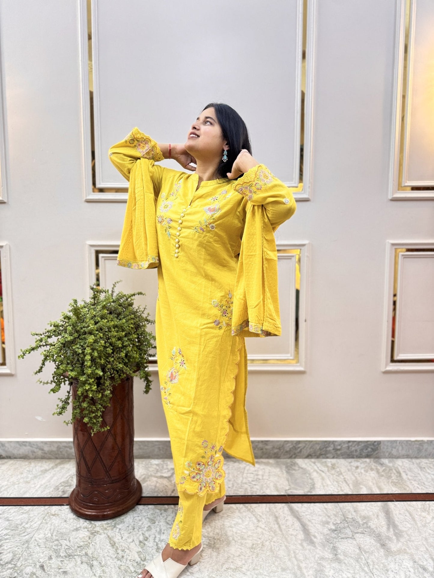 Yellow Embroidered Cotton Kurta Set with Bell Sleeves - Brisora, view 7 of 7