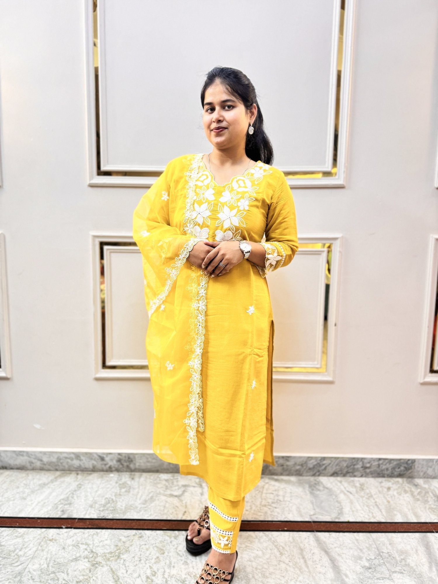 Yellow Embroidered Kurta Set with Sheer Dupatta - Brisora, view 1 of 10